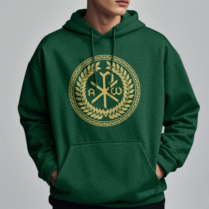 Christianartworkshop Kapuzenpullover aus Polyester im klassischen Stil mit heiligem Chi-Rho-Emblem und Lorbeerkranz, mit Fleece gefüttert