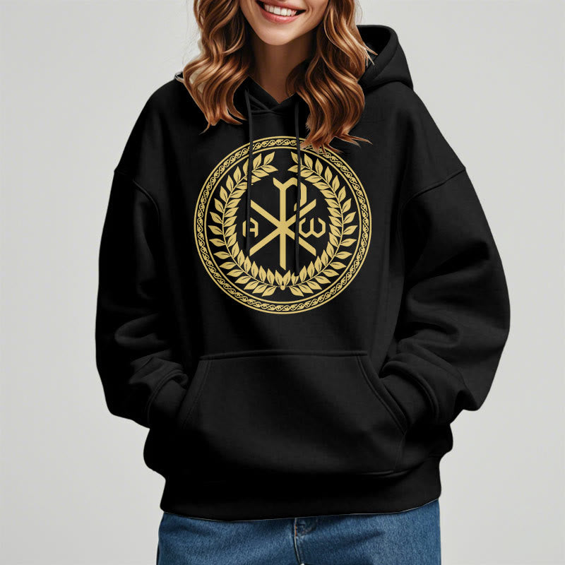 Christianartworkshop Kapuzenpullover aus Polyester im klassischen Stil mit heiligem Chi-Rho-Emblem und Lorbeerkranz, mit Fleece gefüttert