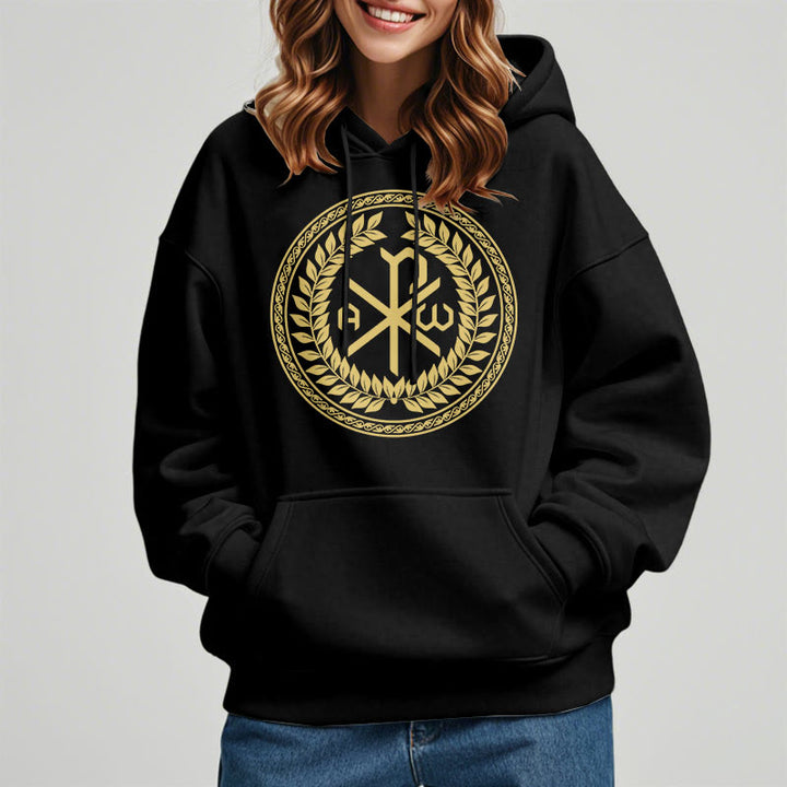 Christianartworkshop Kapuzenpullover aus Polyester im klassischen Stil mit heiligem Chi-Rho-Emblem und Lorbeerkranz, mit Fleece gefüttert