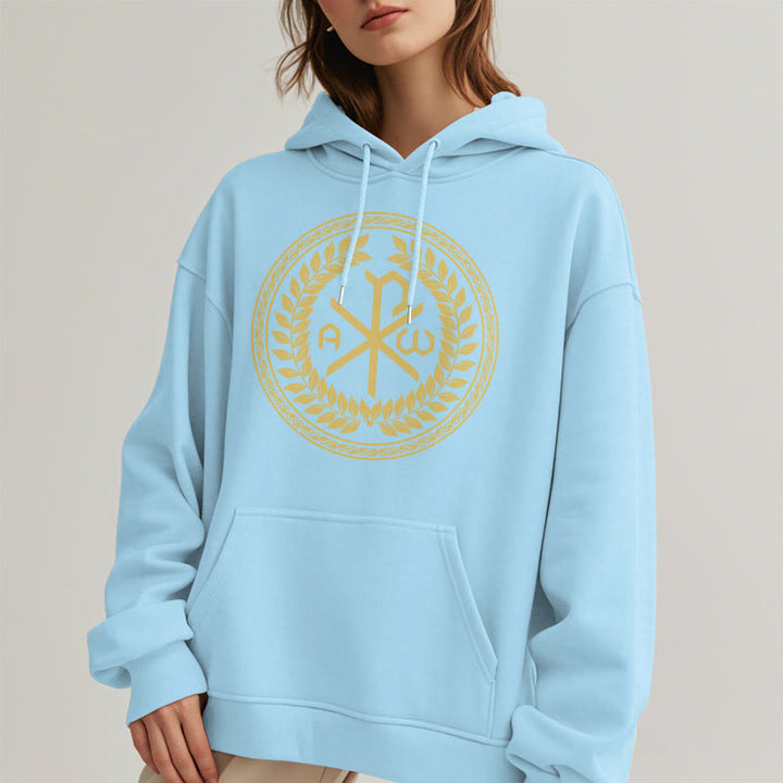 Christianartworkshop Kapuzenpullover aus Polyester im klassischen Stil mit heiligem Chi-Rho-Emblem und Lorbeerkranz, mit Fleece gefüttert