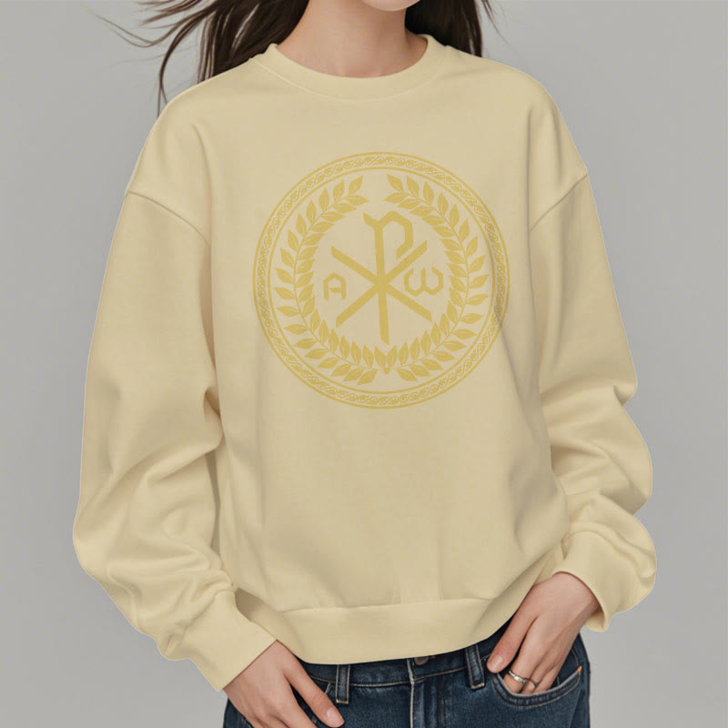 Christianartworkshop Sweatshirt im klassischen Stil mit heiligem Chi-Rho-Emblem und Lorbeerkranz, mit Fleece gefüttert