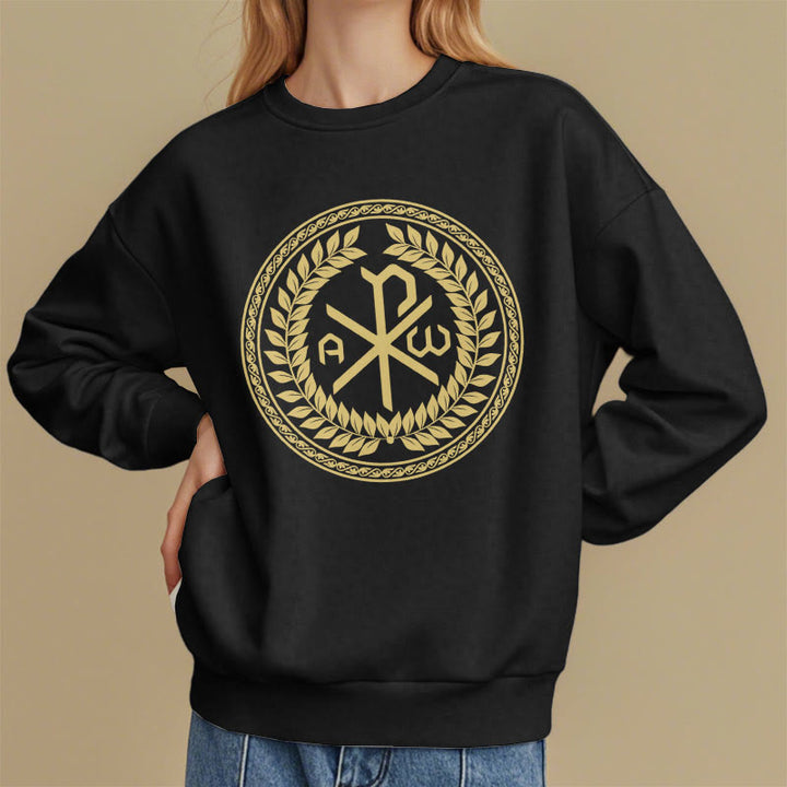 Christianartworkshop Sweatshirt im klassischen Stil mit heiligem Chi-Rho-Emblem und Lorbeerkranz, mit Fleece gefüttert