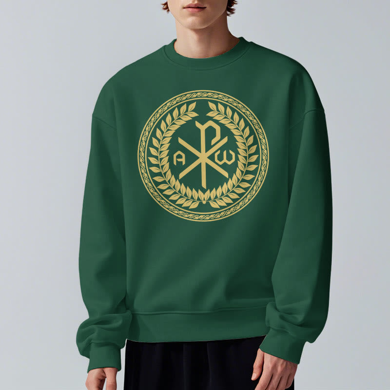 Christianartworkshop Sweatshirt im klassischen Stil mit heiligem Chi-Rho-Emblem und Lorbeerkranz, mit Fleece gefüttert