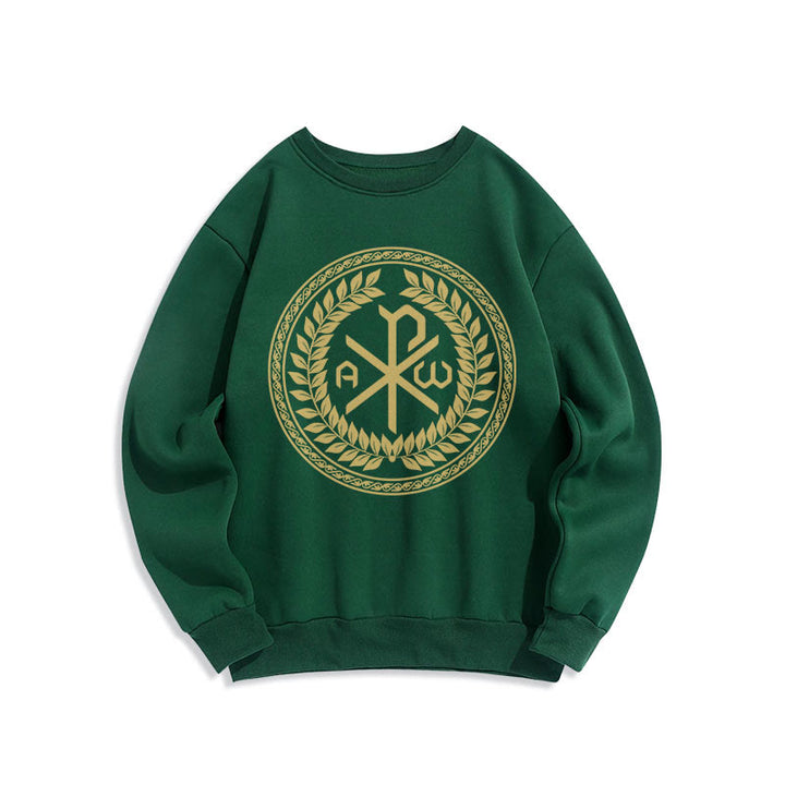 Christianartworkshop Sweatshirt im klassischen Stil mit heiligem Chi-Rho-Emblem und Lorbeerkranz, mit Fleece gefüttert