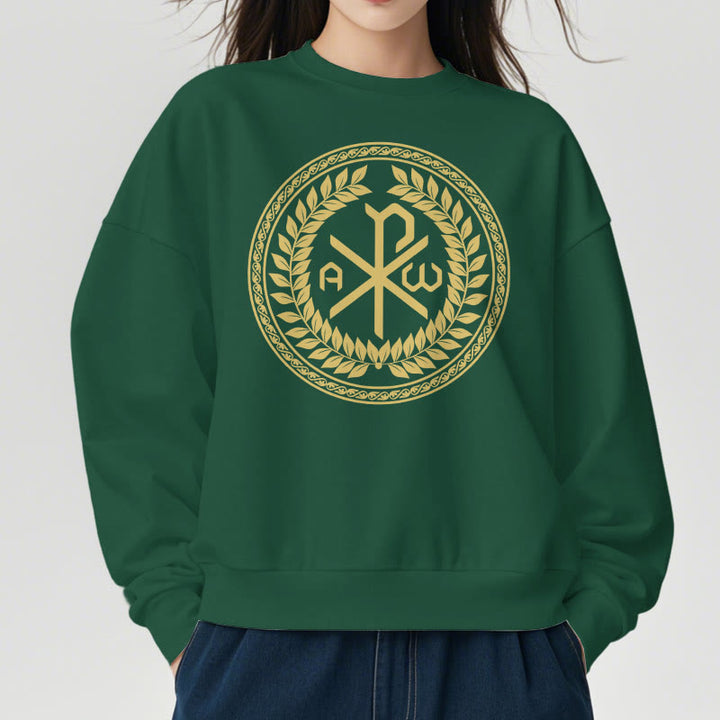 Christianartworkshop Sweatshirt im klassischen Stil mit heiligem Chi-Rho-Emblem und Lorbeerkranz, mit Fleece gefüttert