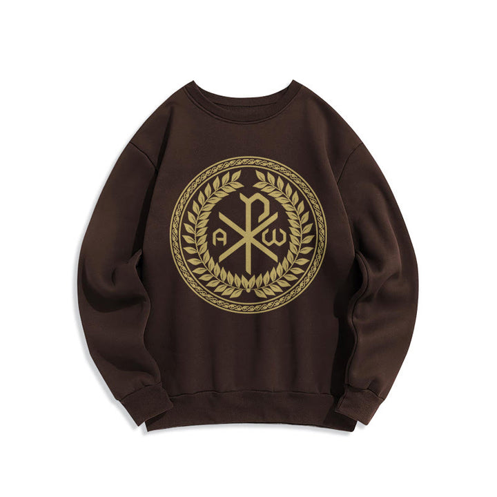 Christianartworkshop Sweatshirt im klassischen Stil mit heiligem Chi-Rho-Emblem und Lorbeerkranz, mit Fleece gefüttert - Braun - 2XL - image 15