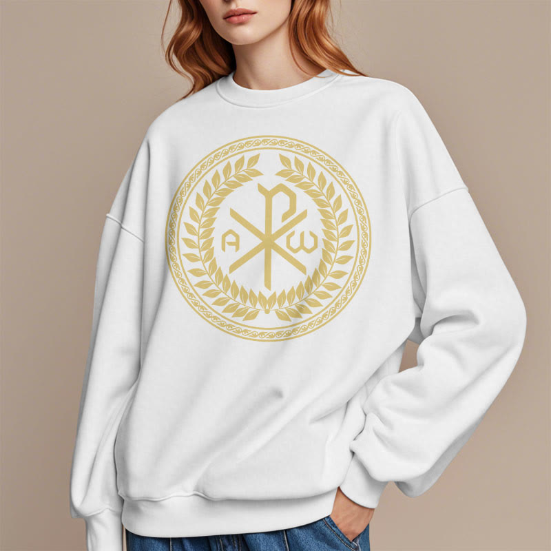 Christianartworkshop Sweatshirt im klassischen Stil mit heiligem Chi-Rho-Emblem und Lorbeerkranz, mit Fleece gefüttert