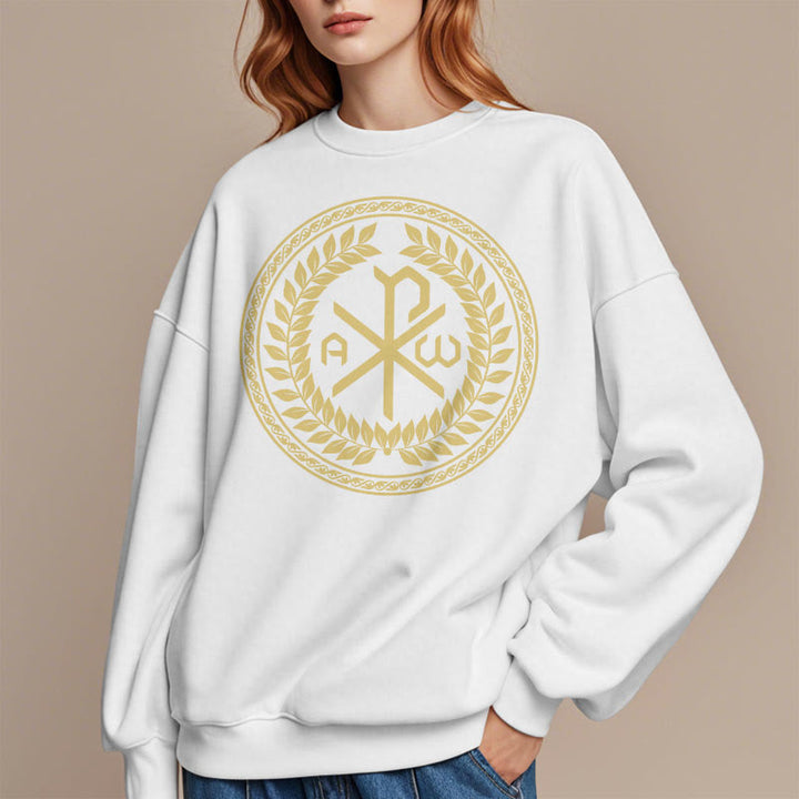 Christianartworkshop Sweatshirt im klassischen Stil mit heiligem Chi-Rho-Emblem und Lorbeerkranz, mit Fleece gefüttert