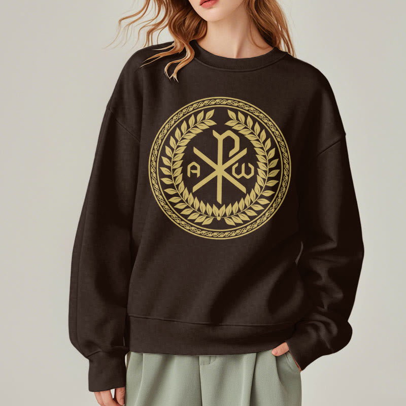 Christianartworkshop Sweatshirt im klassischen Stil mit heiligem Chi-Rho-Emblem und Lorbeerkranz, mit Fleece gefüttert