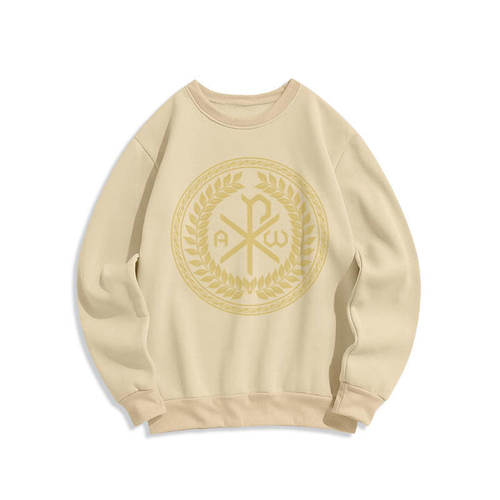 Christianartworkshop Sweatshirt im klassischen Stil mit heiligem Chi-Rho-Emblem und Lorbeerkranz, mit Fleece gefüttert - Beige - 2XL - image 10