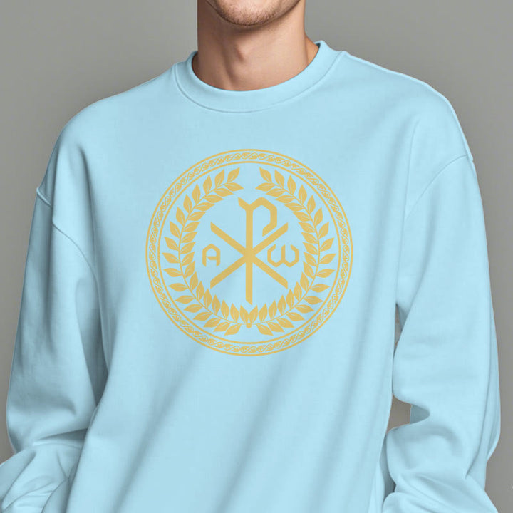 Christianartworkshop Sweatshirt im klassischen Stil mit heiligem Chi-Rho-Emblem und Lorbeerkranz, mit Fleece gefüttert