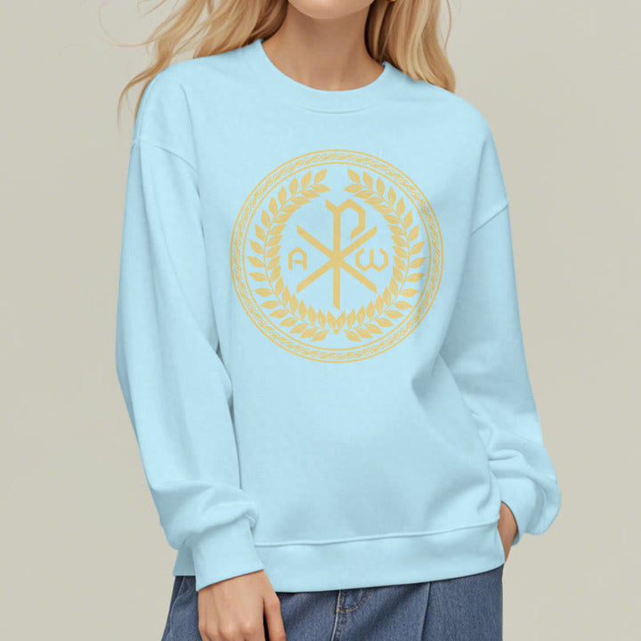 Christianartworkshop Sweatshirt im klassischen Stil mit heiligem Chi-Rho-Emblem und Lorbeerkranz, mit Fleece gefüttert