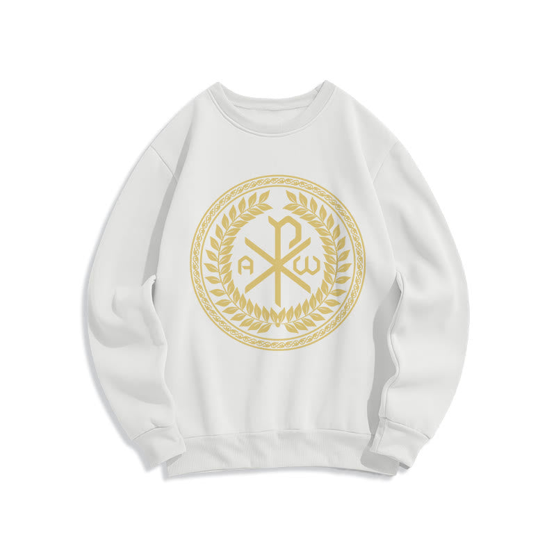 Christianartworkshop Sweatshirt im klassischen Stil mit heiligem Chi-Rho-Emblem und Lorbeerkranz, mit Fleece gefüttert - Weiß - 2XL - image 5