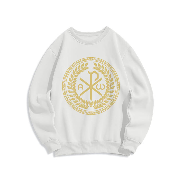 Christianartworkshop Sweatshirt im klassischen Stil mit heiligem Chi-Rho-Emblem und Lorbeerkranz, mit Fleece gefüttert - Weiß - 2XL - image 5