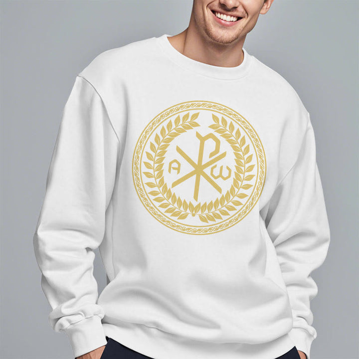 Christianartworkshop Sweatshirt im klassischen Stil mit heiligem Chi-Rho-Emblem und Lorbeerkranz, mit Fleece gefüttert