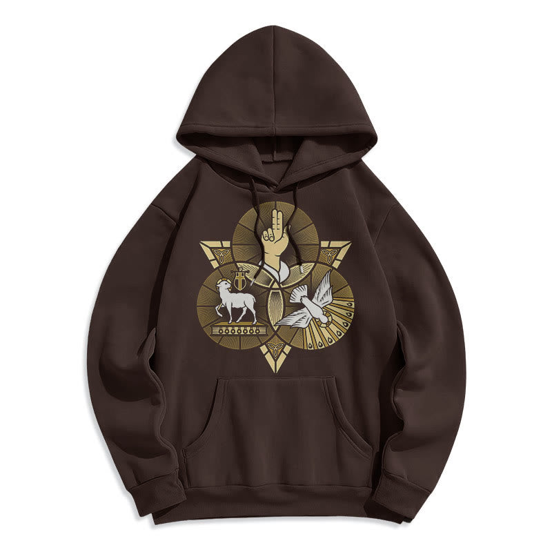Christianartworkshop Moderner Hoodie mit St. Benedikt-Motiv, Lamm Gottes, Taube, Fleece-Futter, Polyester - Braun - 2XL - image 15