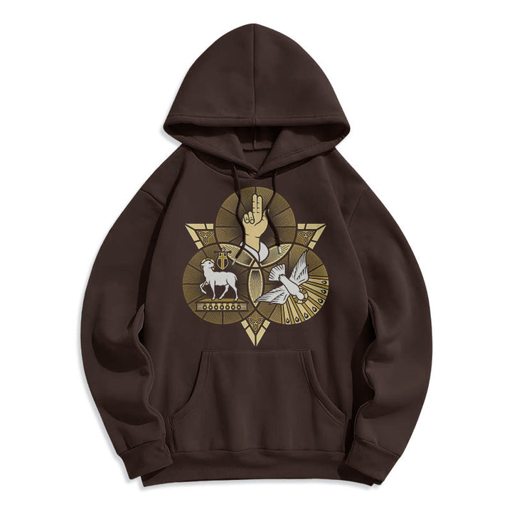 Christianartworkshop Moderner Hoodie mit St. Benedikt-Motiv, Lamm Gottes, Taube, Fleece-Futter, Polyester - Braun - 2XL - image 15