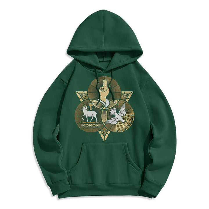 Christianartworkshop Moderner Hoodie mit St. Benedikt-Motiv, Lamm Gottes, Taube, Fleece-Futter, Polyester - Grün - 2XL - image 20