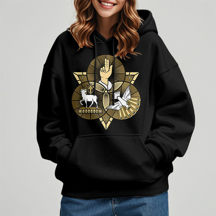 Christianartworkshop Moderner Hoodie mit St. Benedikt-Motiv, Lamm Gottes, Taube, Fleece-Futter, Polyester - image 1