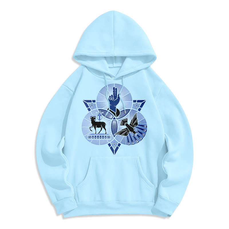 Christianartworkshop Moderner Hoodie mit St. Benedikt-Motiv, Lamm Gottes, Taube, Fleece-Futter, Polyester - Blau - 2XL - image 25