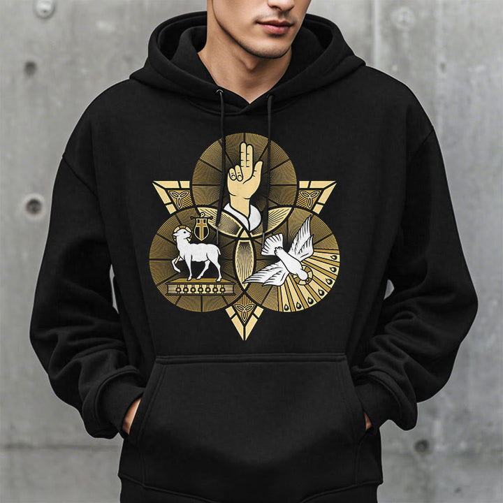 Christianartworkshop Moderner Hoodie mit St. Benedikt-Motiv, Lamm Gottes, Taube, Fleece-Futter, Polyester - image 2