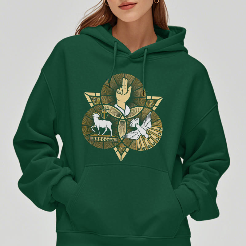 Christianartworkshop Moderner Stil St. Benedikt Lamm Gottes Taube Fleece gefüttert Polyester Hoodie