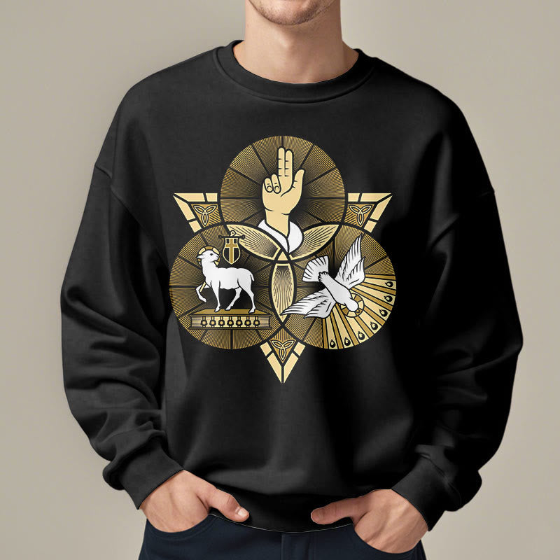 Christianartworkshop Modernes Sweatshirt mit St. Benedikt-Motiv und Taubenmotiv, gefüttert mit Polyester, Fleece-Futter - image 1