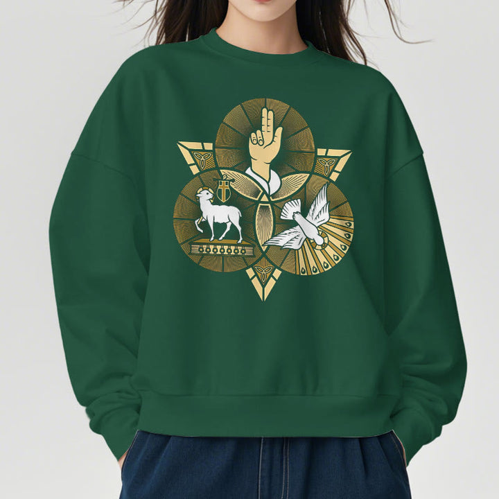 Christianartworkshop Modernes Sweatshirt mit St. Benedikt-Motiv und Taubenmotiv, gefüttert mit Polyester, Fleece-Futter - image 22