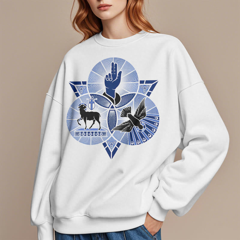 Christianartworkshop Modernes Sweatshirt mit St. Benedikt-Motiv und Taubenmotiv, gefüttert mit Polyester, Fleece-Futter - image 8