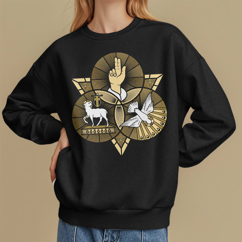 Christianartworkshop Modernes Sweatshirt mit St. Benedikt-Motiv und Taubenmotiv, gefüttert mit Polyester, Fleece-Futter - image 2