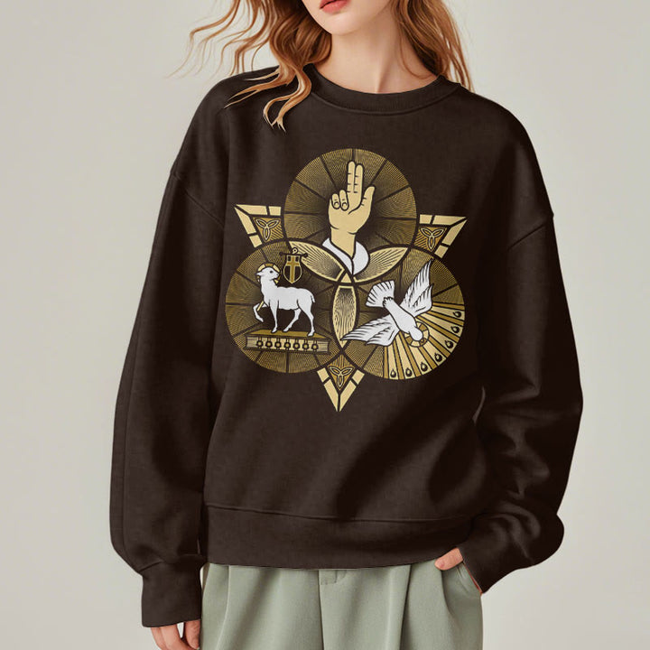 Christianartworkshop Modernes Sweatshirt mit St. Benedikt-Motiv und Taubenmotiv, gefüttert mit Polyester, Fleece-Futter - image 17