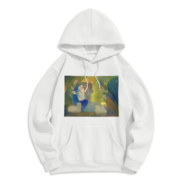 Christianartworkshop Klassischer, farbiger Weihnachtskrippen-Kapuzenpullover mit Fleecefutter aus Polyester