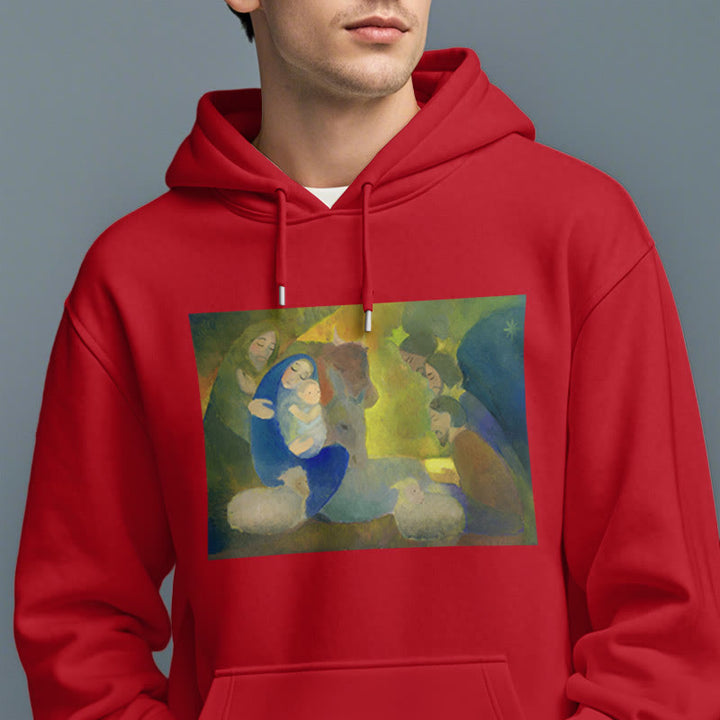 Christianartworkshop Klassischer, farbiger Weihnachtskrippen-Kapuzenpullover mit Fleecefutter aus Polyester