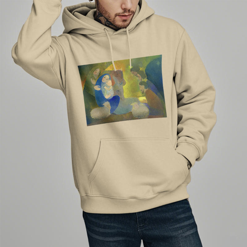 Christianartworkshop Klassischer, farbiger Weihnachtskrippen-Kapuzenpullover mit Fleecefutter aus Polyester
