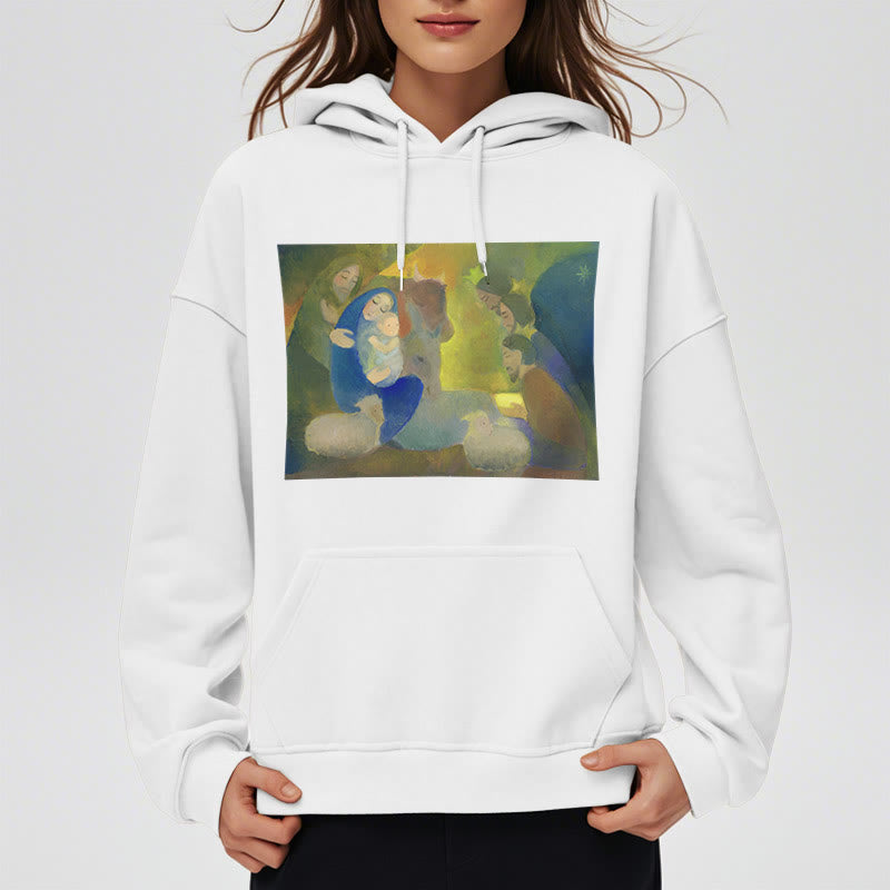 Christianartworkshop Klassischer, farbiger Weihnachtskrippen-Kapuzenpullover mit Fleecefutter aus Polyester