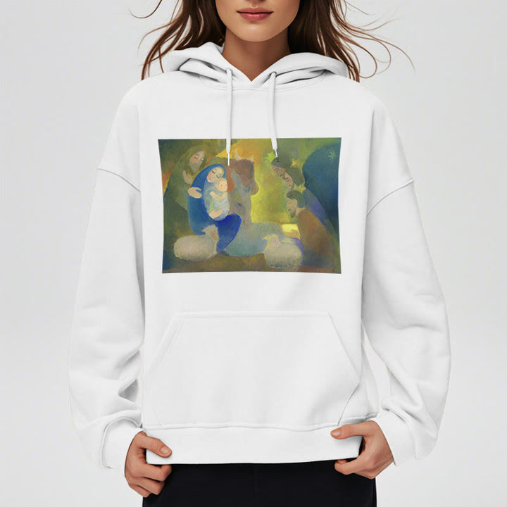 Christianartworkshop Klassischer, farbiger Weihnachtskrippen-Kapuzenpullover mit Fleecefutter aus Polyester