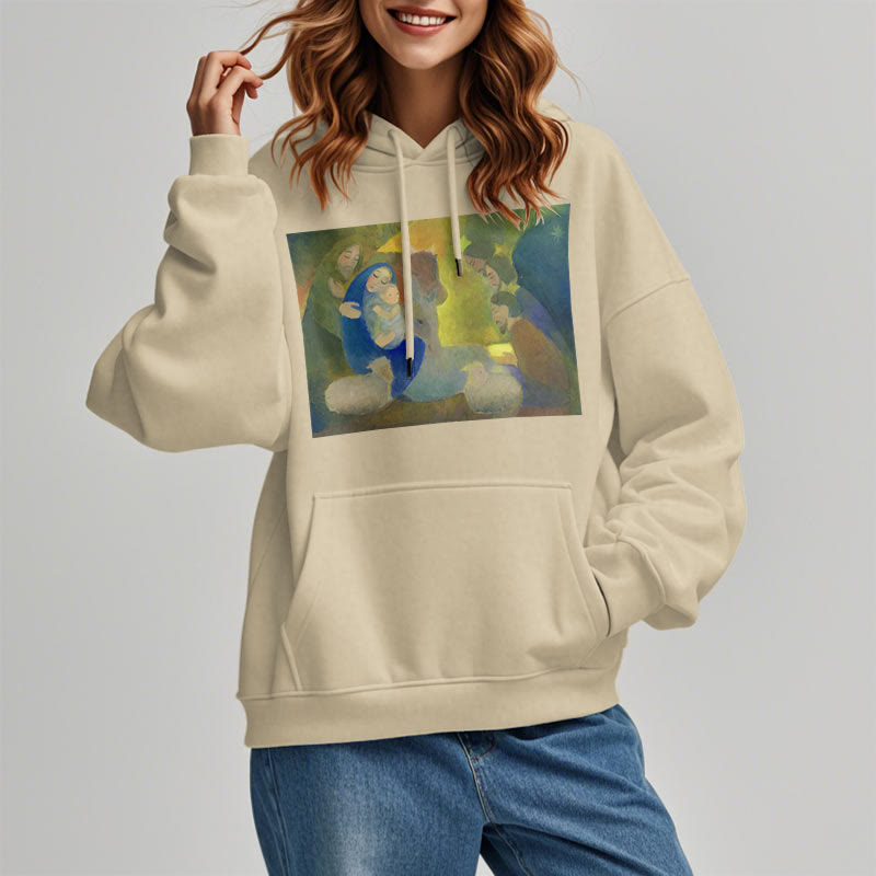 Christianartworkshop Klassischer farbiger Kapuzenpullover mit Krippenmotiv, gefüttert mit Polyester, gefüttert mit Fleece, Heilige Nacht - image 12