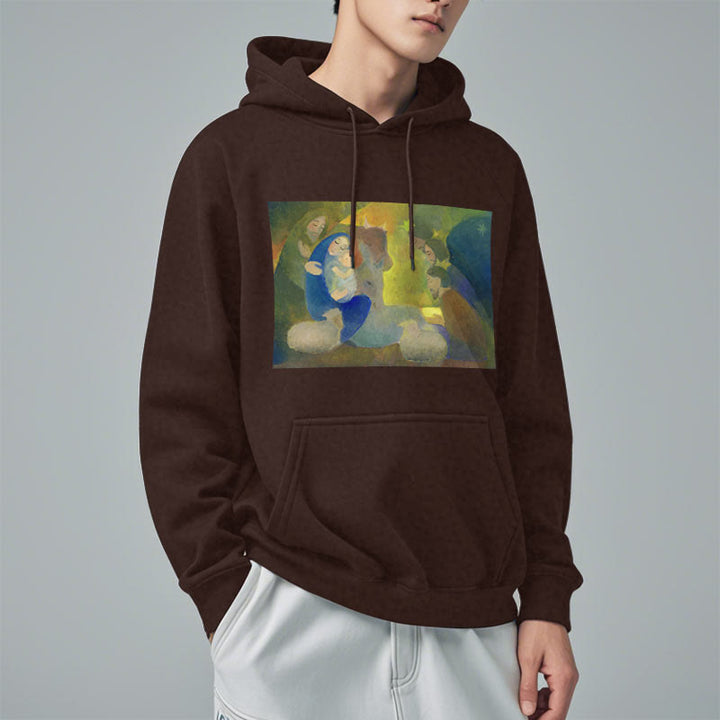 Christianartworkshop Klassischer, farbiger Weihnachtskrippen-Kapuzenpullover mit Fleecefutter aus Polyester