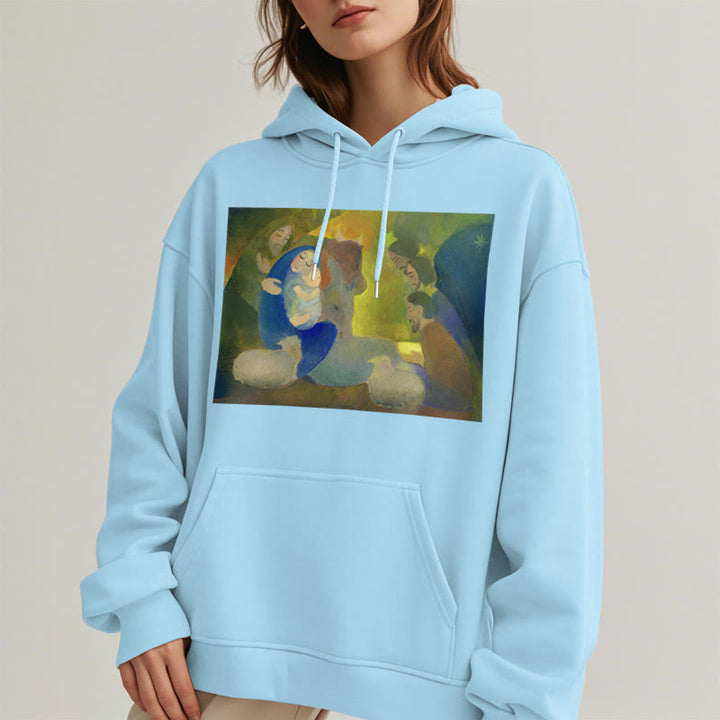 Christianartworkshop Klassischer, farbiger Weihnachtskrippen-Kapuzenpullover mit Fleecefutter aus Polyester