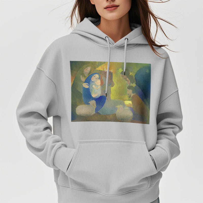 Christianartworkshop Klassischer, farbiger Weihnachtskrippen-Kapuzenpullover mit Fleecefutter aus Polyester