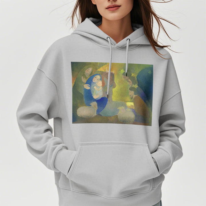 Christianartworkshop Klassischer, farbiger Weihnachtskrippen-Kapuzenpullover mit Fleecefutter aus Polyester