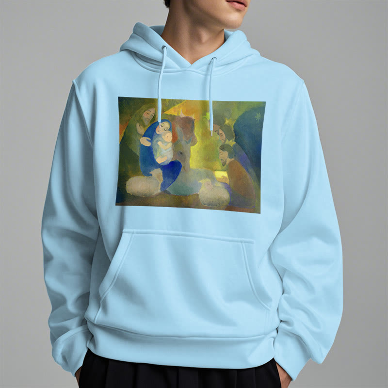 Christianartworkshop Klassischer, farbiger Weihnachtskrippen-Kapuzenpullover mit Fleecefutter aus Polyester