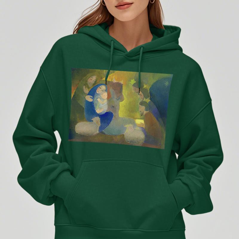 Christianartworkshop Klassischer, farbiger Weihnachtskrippen-Kapuzenpullover mit Fleecefutter aus Polyester