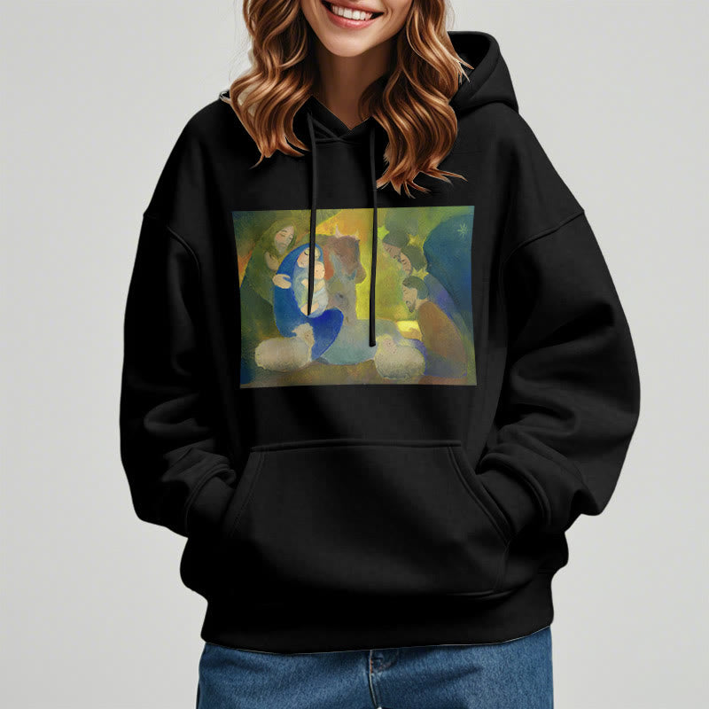 Christianartworkshop Klassischer, farbiger Weihnachtskrippen-Kapuzenpullover mit Fleecefutter aus Polyester