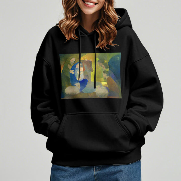 Christianartworkshop Klassischer, farbiger Weihnachtskrippen-Kapuzenpullover mit Fleecefutter aus Polyester