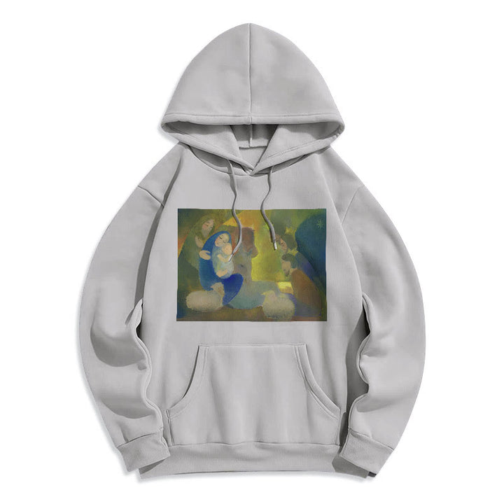 Christianartworkshop Klassischer, farbiger Weihnachtskrippen-Kapuzenpullover mit Fleecefutter aus Polyester