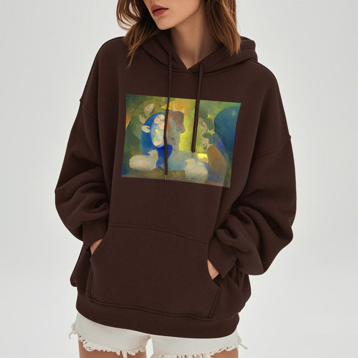 Christianartworkshop Klassischer, farbiger Weihnachtskrippen-Kapuzenpullover mit Fleecefutter aus Polyester