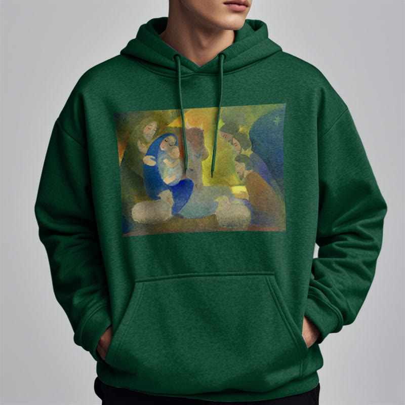 Christianartworkshop Klassischer, farbiger Weihnachtskrippen-Kapuzenpullover mit Fleecefutter aus Polyester