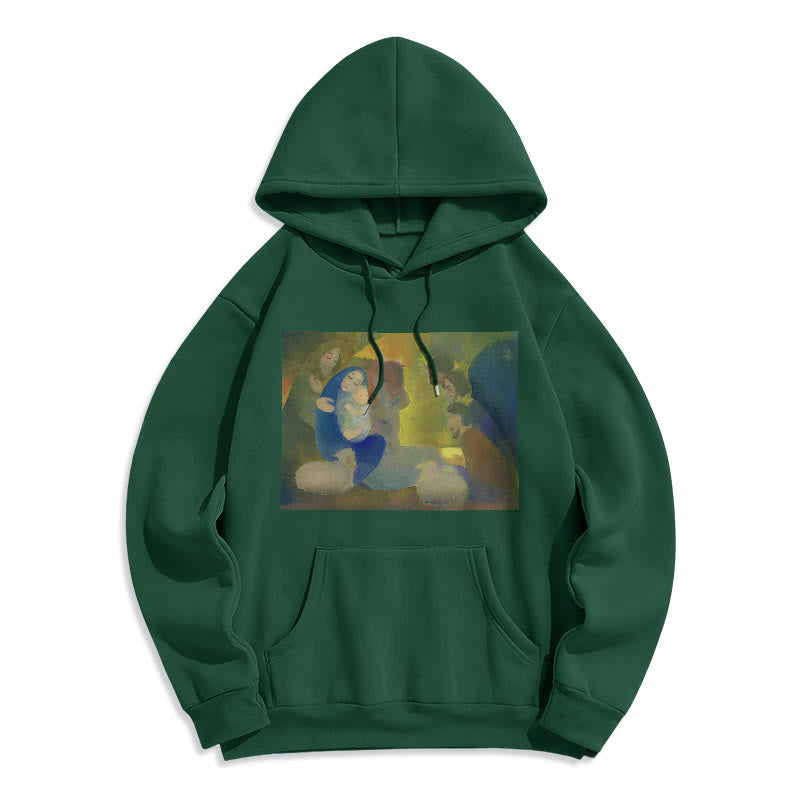Christianartworkshop Klassischer, farbiger Weihnachtskrippen-Kapuzenpullover mit Fleecefutter aus Polyester