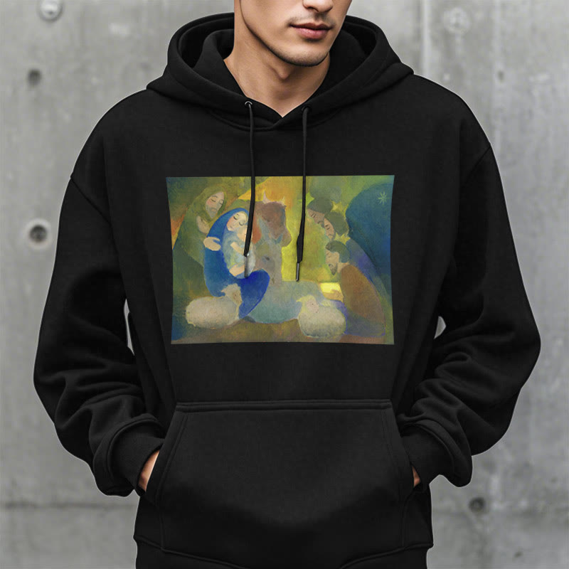 Christianartworkshop Klassischer, farbiger Weihnachtskrippen-Kapuzenpullover mit Fleecefutter aus Polyester